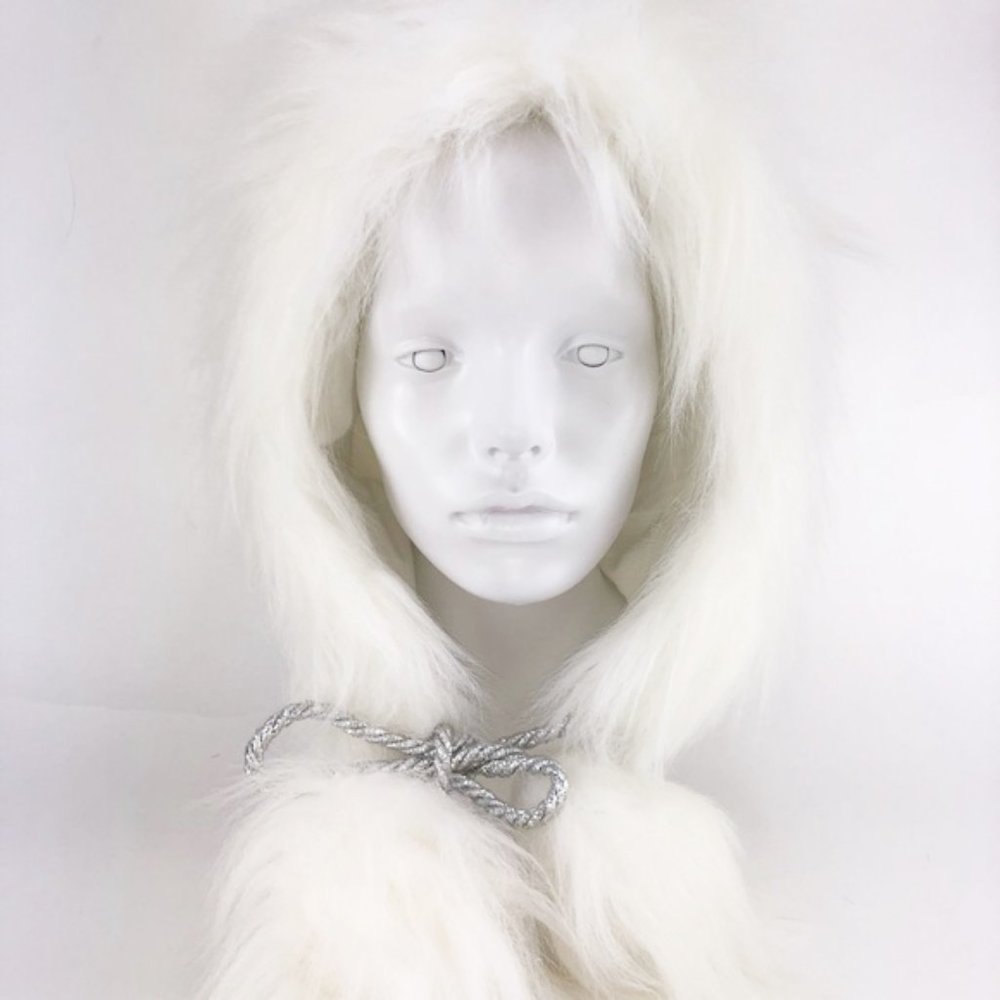 Off White Faux Fur Hood Hat with Pom ties NEW